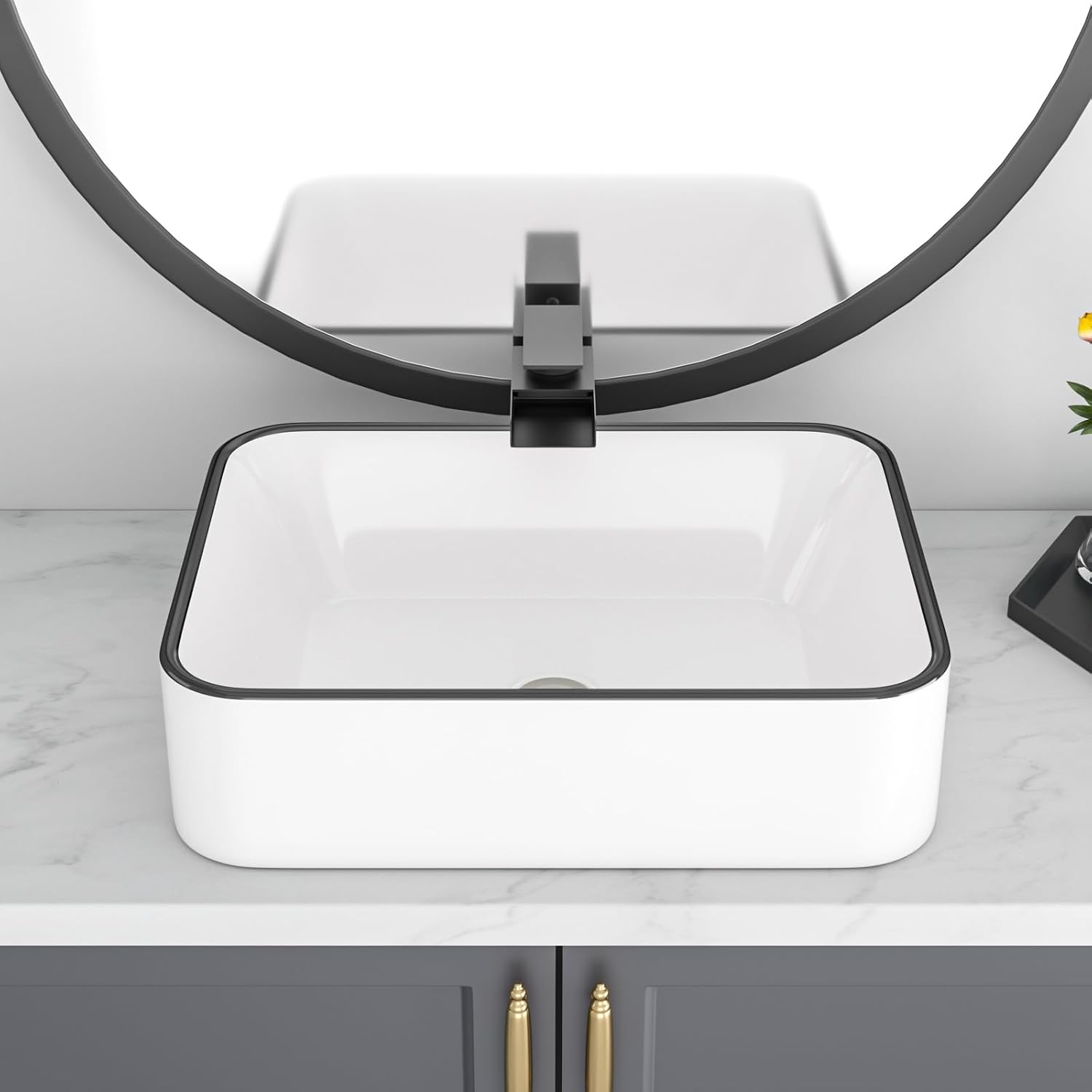 20x16 Inch Rectangular Vessel Sink, White Ceramic Bathroom Sink with Black Rim, Above Counter Vanity Sink