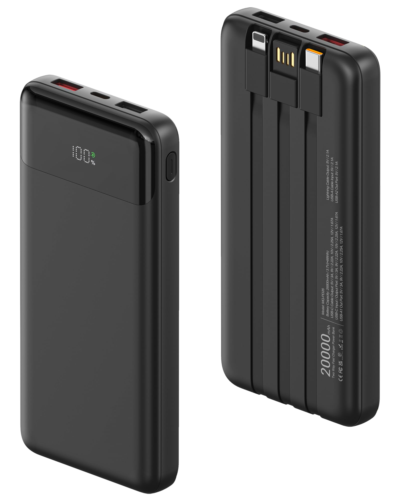 Power Bank 20000mAh, Powerbank 22,5W Schnellladung mit Integrierten 3 Kabel