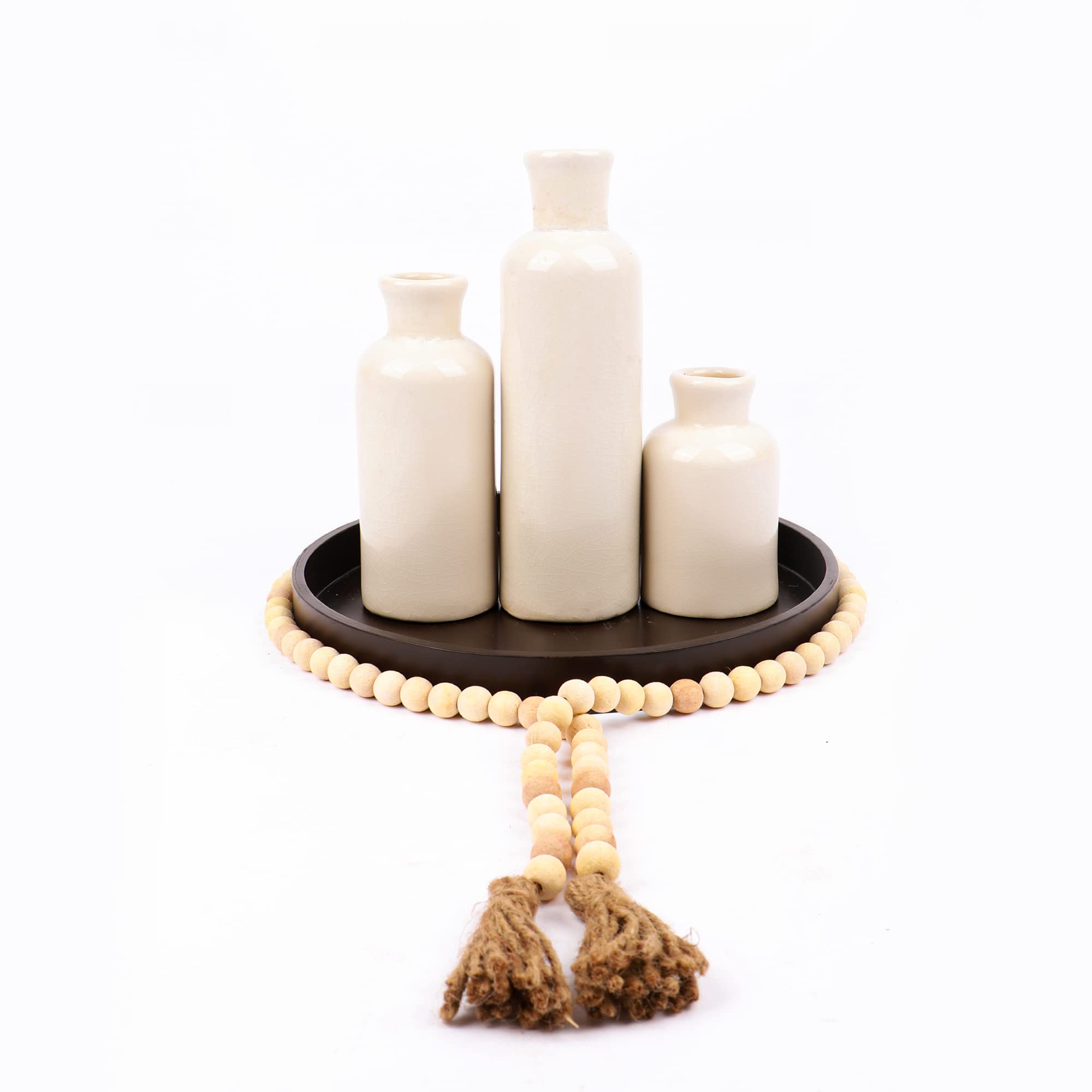 Ceramic Vase Set- 3 with Tray and Wood Bead Garland, Home Decor, Living Room, Kitchen, Farmhouse, Boho vase, Clearance and Coffee Table Decorations Rustic vases Set, Off White Brown Grey