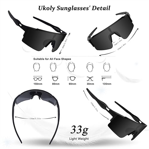 Miniatura 5 de Ukoly Lentes de sol de ciclismo con 3 lentes intercambiables para hombres y mujeres, lentes de sol deportivas polarizadas, lentes de sol para béisbol
