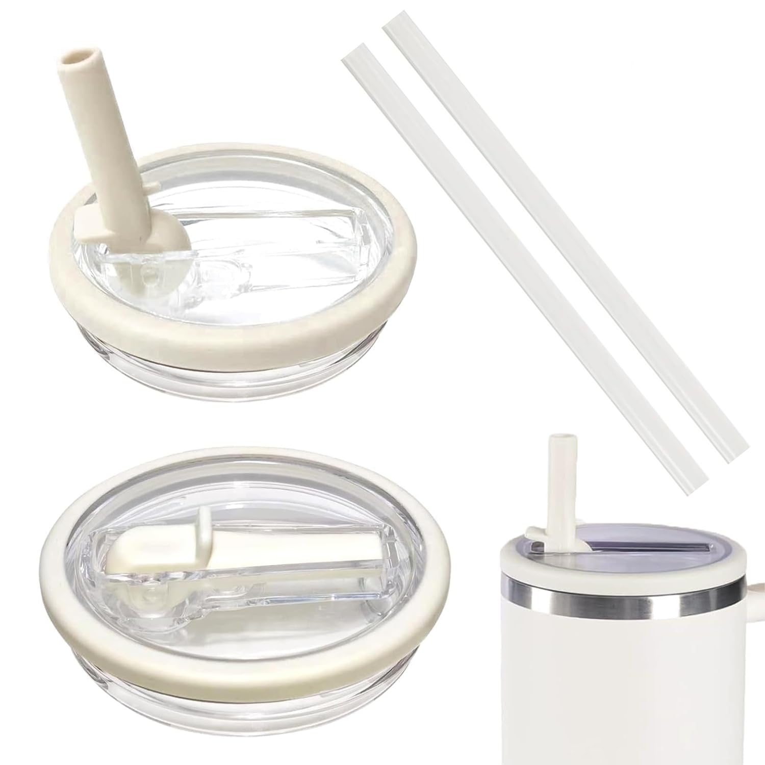 Coperchi per Stanley Cup 40oz (2 Pezzi), Copertura Antipolvere con 2 cannucce, riutilizzabili, Accessori per Stanley Cup, Coperchio di Ricambio per Accessori, Beige