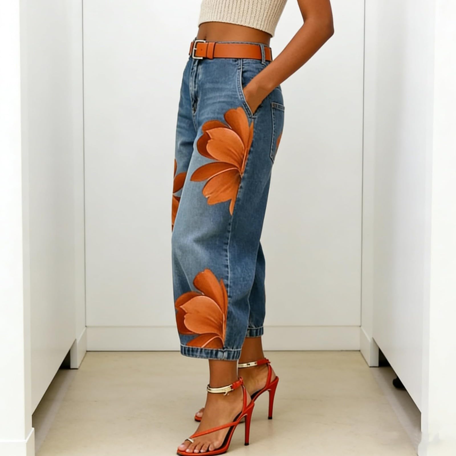 Pantaloni da donna in denim con stampa a gamba larga, jeans in denim da