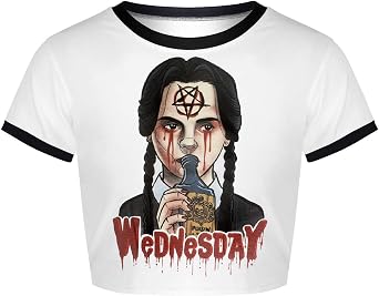 Womens Short Sleeve Graphic Crop Tops Gothic Emo Grunge Punk Halloween Shirts