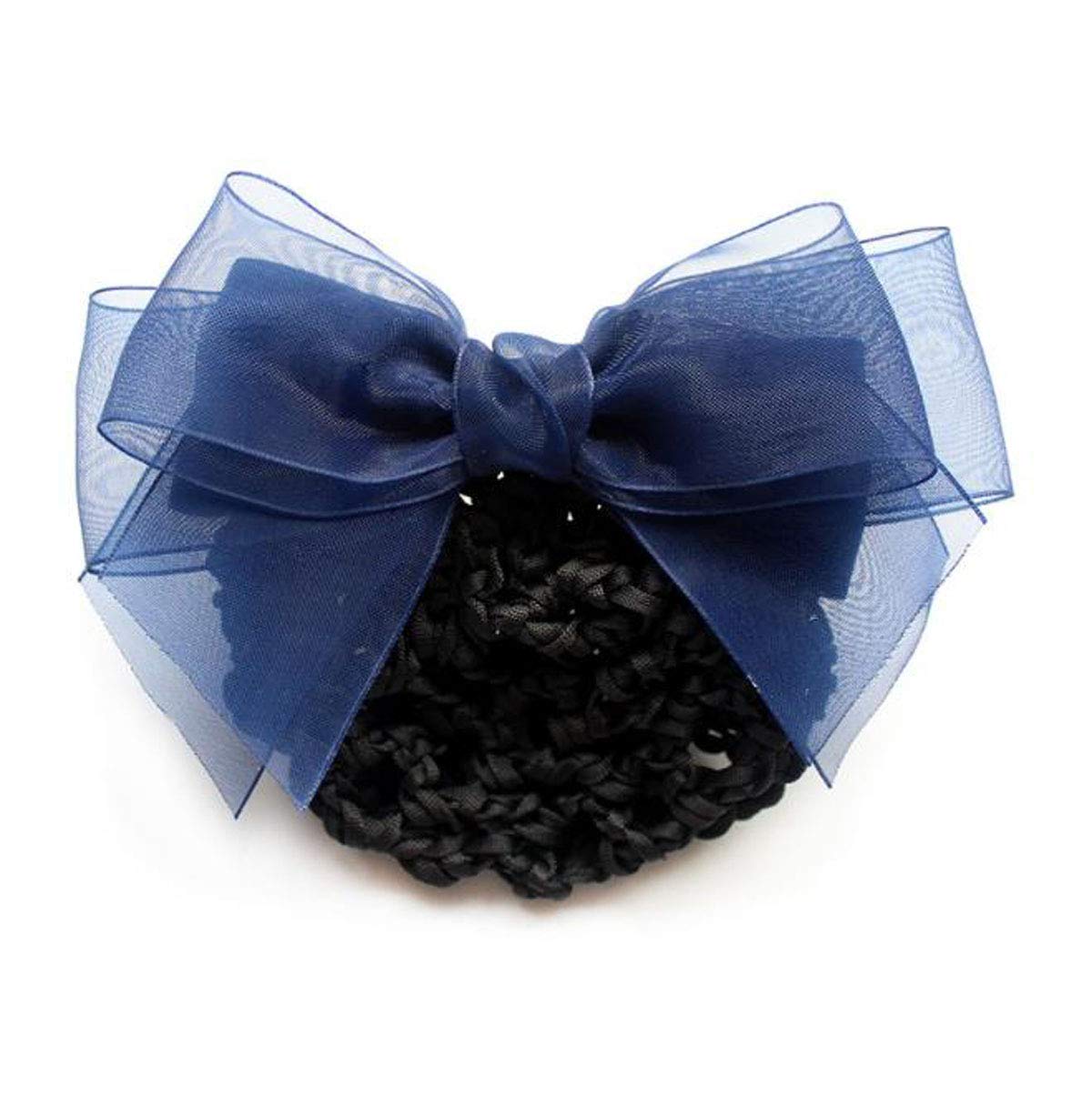 Acvip Women's Dark Blue&Crochet Hairnet Sheer Fabrics Bowknot Barrette Hair Clip With Snood Net (Dark Blue&Crochet Hairnet)
