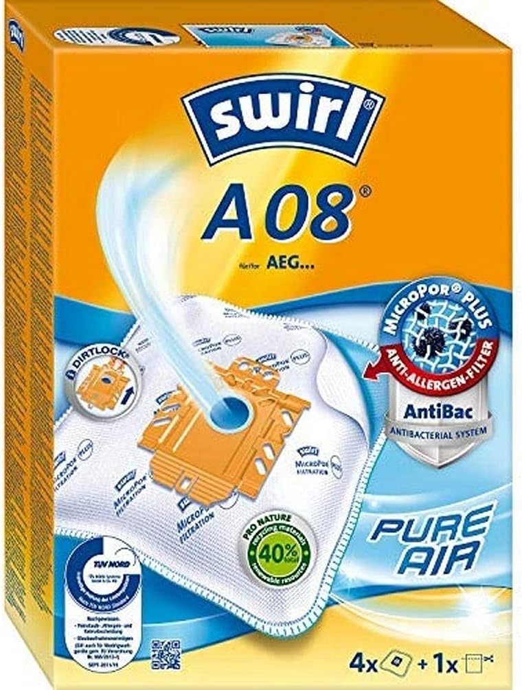 A 08 MicroPor Plus Vacuum Cleaner Bags for AEG 7300 Vampyr Vacuum Cleaners, Lockable Holding Plate, 4 bags + 1 filters