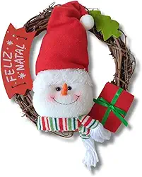 Guirlanda de Natal Decorativa, Boneco de Neve ou Papai Noel com Placa Feliz Natal em Madeira, 25cm (Boneco de Neve)