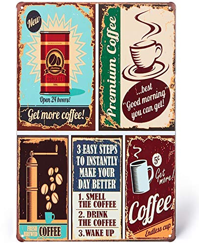 UNIQUELOVER Coffee Signs, Premium Coffee Time Vintage Retro Metal Tin Signs Kitchen Home Bar Decor 8 X 12 Inches, Small