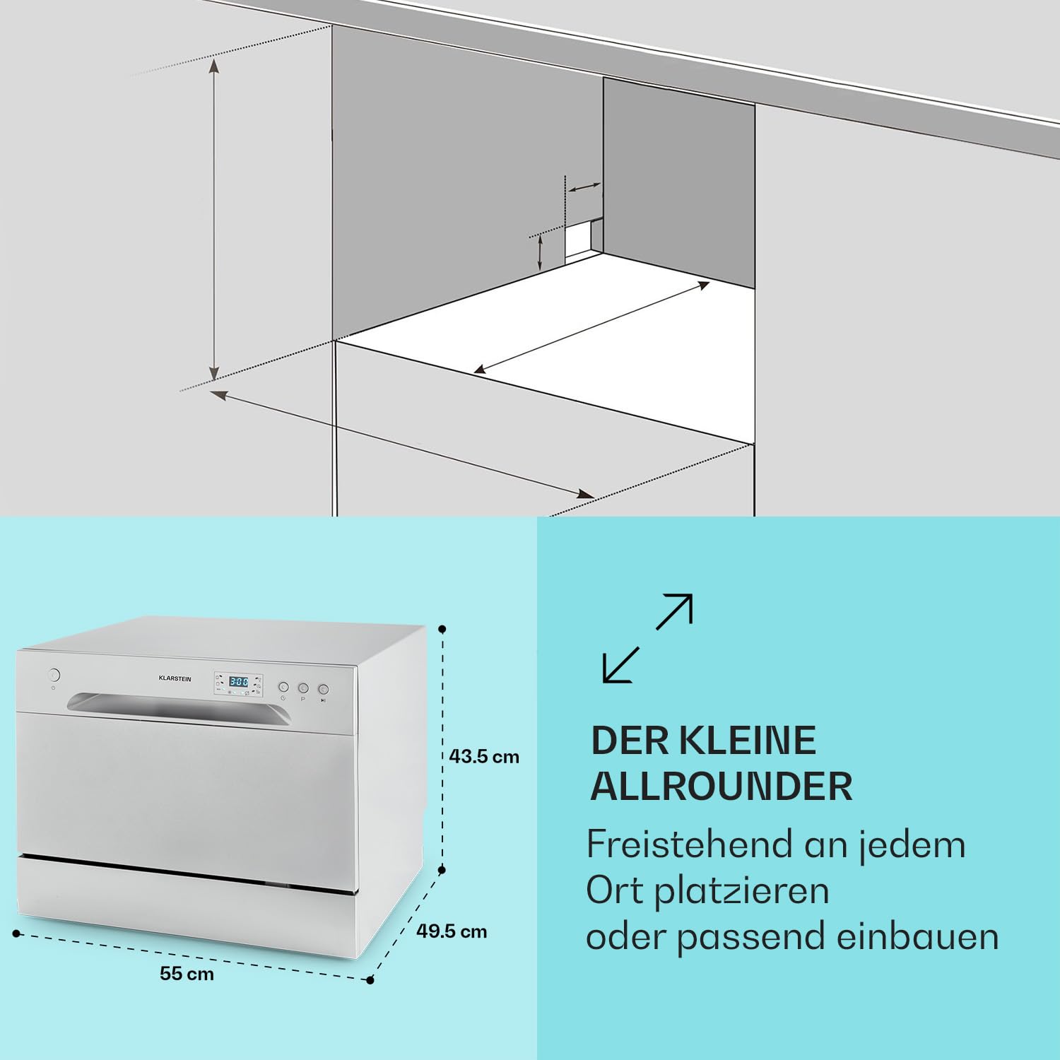 Klarstein Mini-Geschirrspüler für 6 Gedecke, leiser UV-Geschirrspüler mit 6 Spülprogrammen, klein für Zuhause Büro Camping