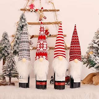 4 Pack Handmade Tomte Swedish Gnomes Wine Bottle Toppers, Gnome Wine Bottle Covers, Decorative Wine Bottle Toppers Dress with Long Beard for Holiday Home Christmas Table Decorations Gift (4 Pack)