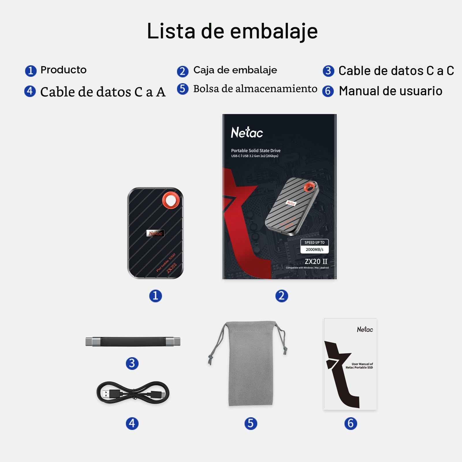 Netac ZX20 II SSD Externo de 2 TB NVMe SSD portátil SSD USB 3.2 Gen2 x 2, hasta 2000 MB/s de Lectura, Unidades externas de Estado sólido (diseño magnético, Resistencia a Golpes y caídas)