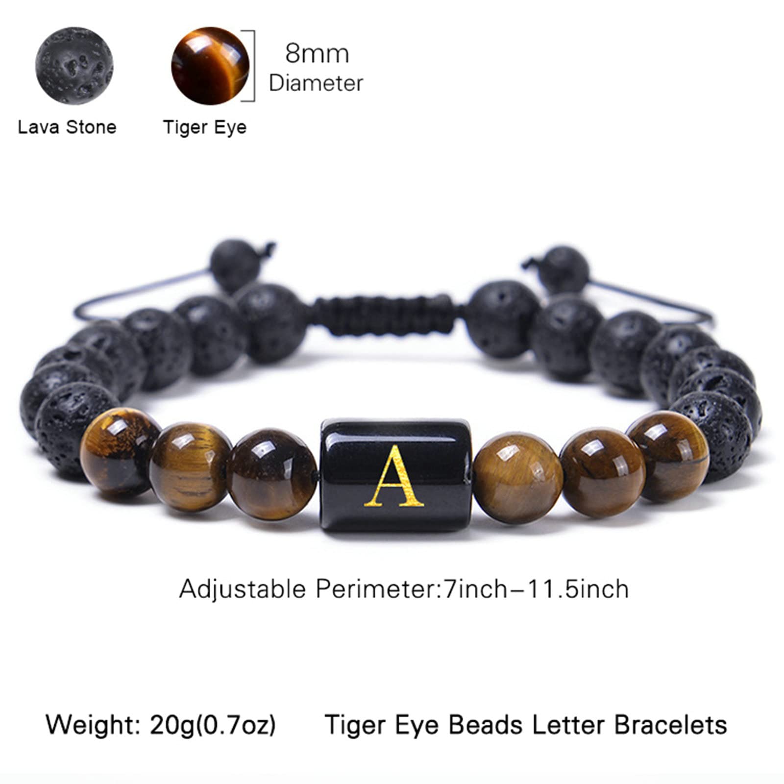 Pulsera de difusor de Aceite Esencial Roca de Lava, Pulsera de Piedra de Tigre de Piedra de Lava con Letras AZ Pulseras Ajustables para Mujeres 29.2 cm