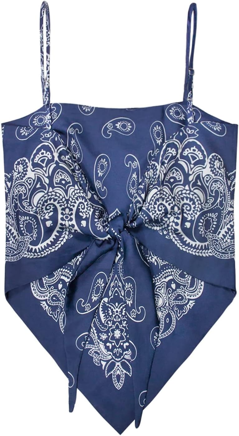 Women's Paisley Satin Bandana Tube Top Tie Back Adjustable Spaghetti Strap Sleeveless Boho Going Out Scarf Tops - Image 3