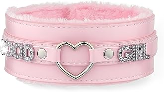 Pink Furry Heart O-ring Leather Choker Collar For Women, Handmade Punk Gothic Letter Necklace Adjustable Fashion Jewelry