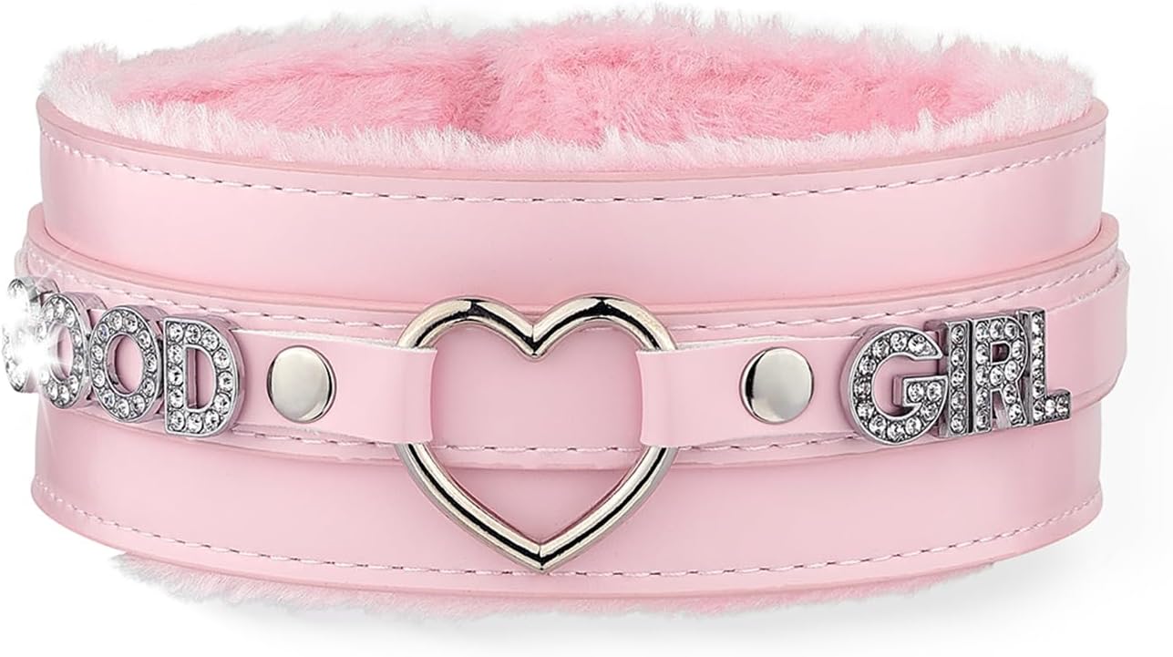 Pink Furry Heart O-ring Leather Choker Collar For Women, Handmade Punk Gothic Letter Necklace Adjustable Fashion Jewelry