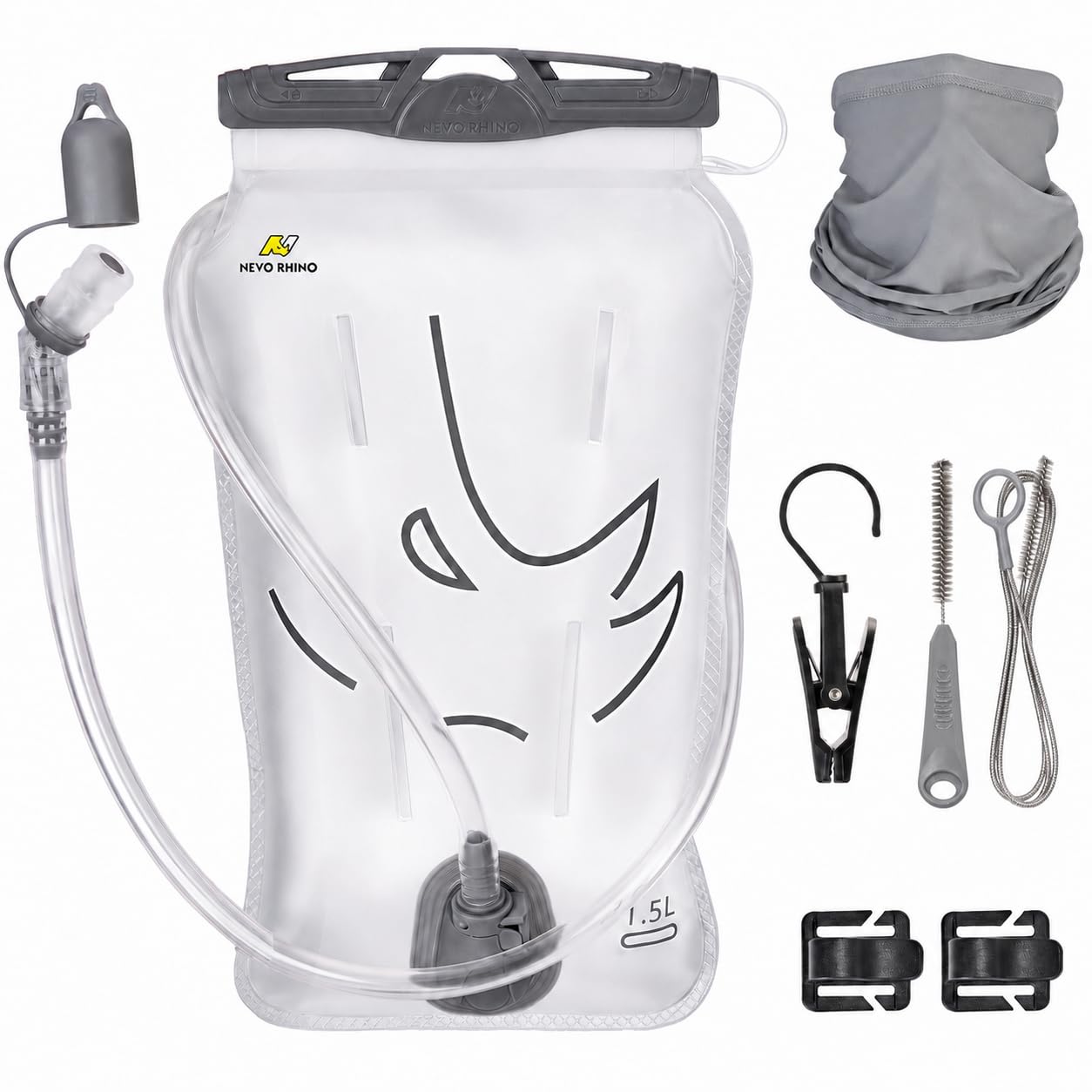 NEVO RHINO 1.5L Hydration Bladder for Running, Hiking & Cycling - Water Reservoir for Hydration Backpacks with Detachable Drinking Hose, Cleaning Kit, Hose Clips, Drying Hanger & Neck Gaiter