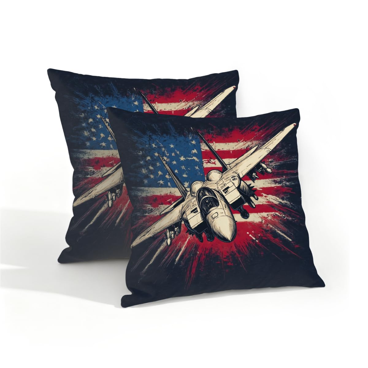 Outdoor Pillow Covers Waterproof Pillowcases 16x16in Set of 2 USA Flag Fighter Jet Decorative Throw Cushion Case for Couch Sofa Garden Patio Furniture