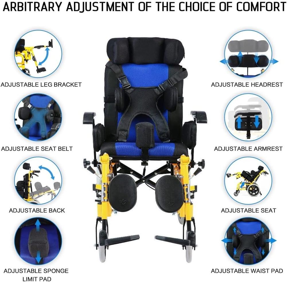 Silla de ruedas para parálisis cerebral infantil, diseño ergonómico con reposacabezas ajustable, posición sentada y altura del reposabrazos