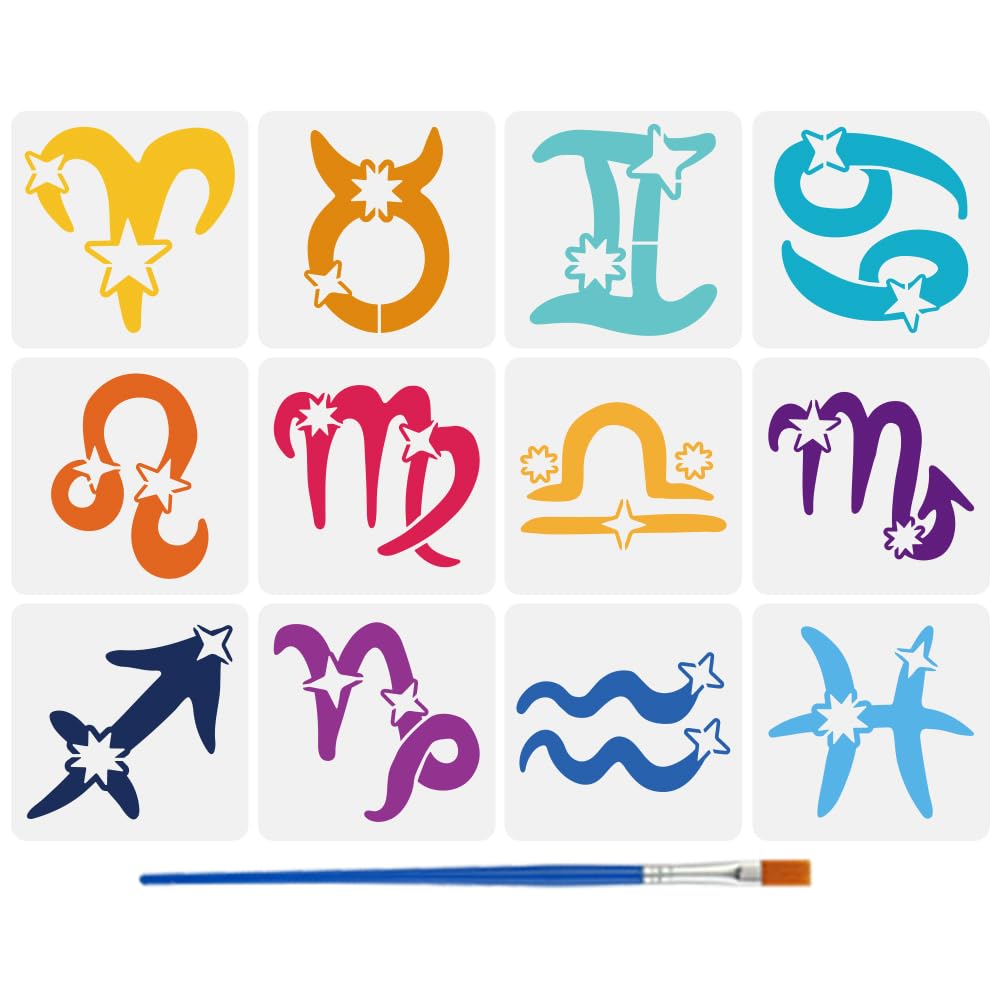 FINGERINSPIRE 12PCS Zodiac Symbols Stencils with 1Pc Plastic Brush 15x15cm Twelve Constellation Signs Stencil Decoration Fantasy Theme Stencils for Painting on Wood Canvas Fabric Wall Furniture