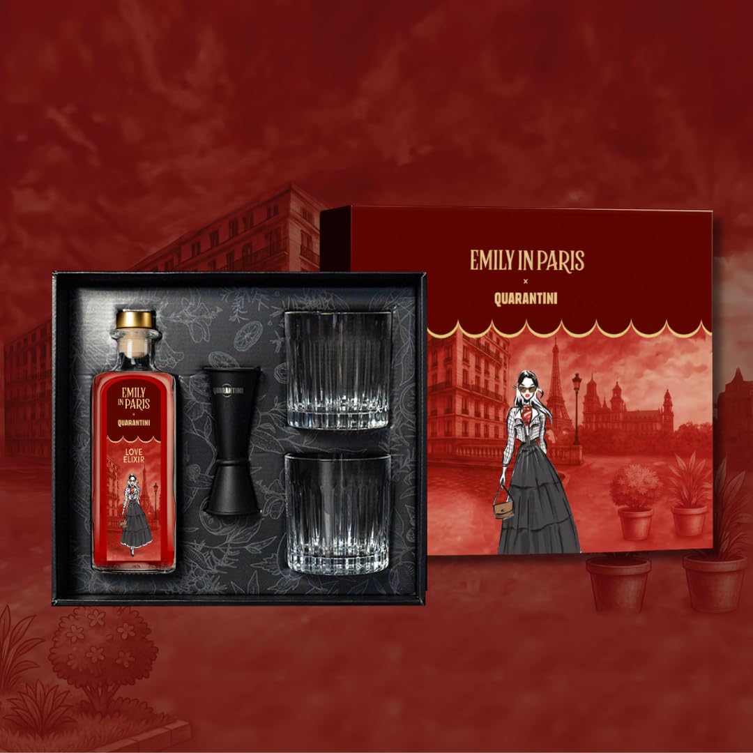 Quarantini Gin Emily in Paris Geschenkset | 500 ml Premium Gin Love Elixir 42% Vol. mit hochwertigen, fruchtigen Botanicals Amarena Kirsche, Roten Trauben, Tonka Bohne | Geschenkset inkl. Rezeptbuch