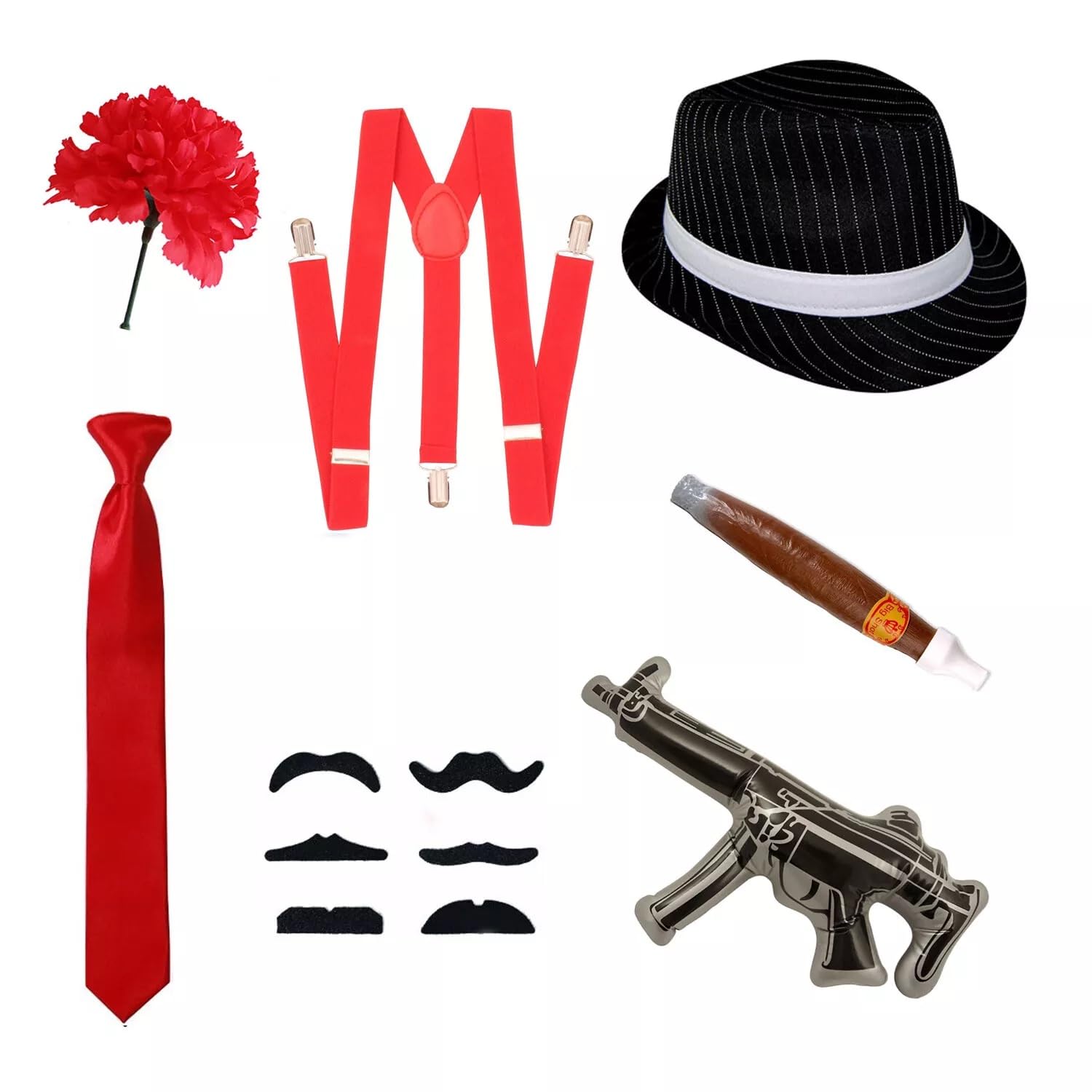 RockParty Gangster Costume Accessory Set 6 Piece 1920s Fancy Dress Kit with Trilby Hat, Tie, Braces, Fake Cigar