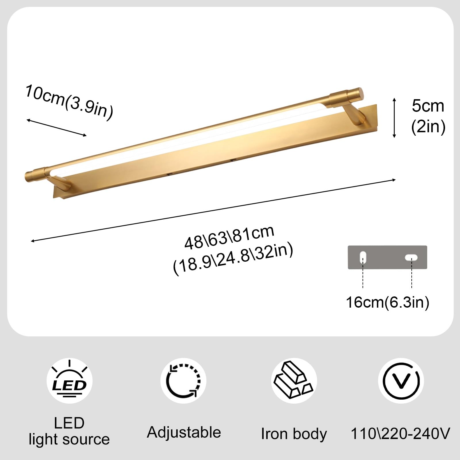 Oświetlenie łazienkowe LED, lampa przednia do lustra, kinkiet ścienny z regulacją 120°, oświetlenie szafki lustrzanej, oświetlenie ramki obrazu, długie paski świetlne do łazienki(Gold,81cm)