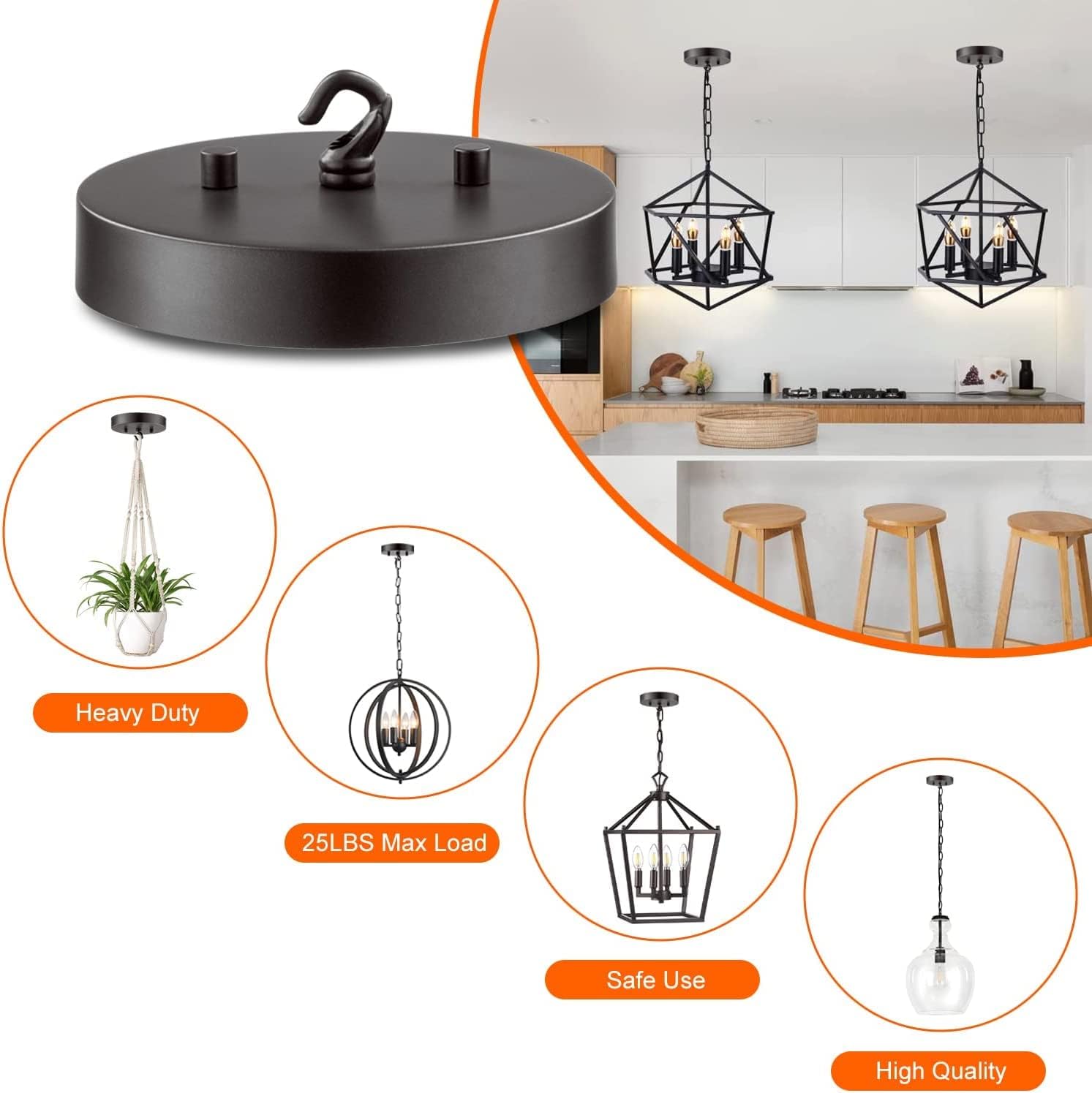 Qc Ceiling Light Canopy Kit - 6 inch, Light Fixture Cover Plate for Chandelier Cap or Pendant Light, Ceiling Light Cover Plate with Hardware, Ceiling Light Mounting Parts (Black)