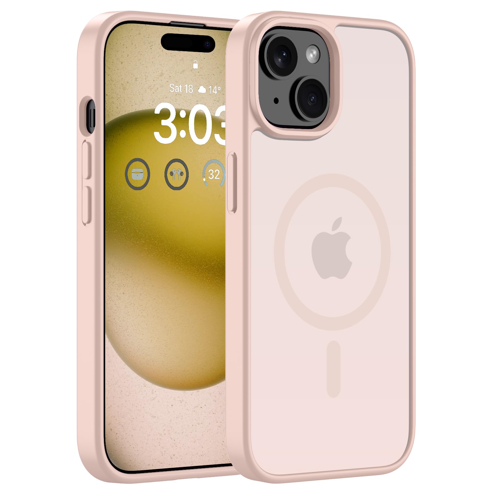 ORDA Magnetische Hülle für iPhone 15, Kompatibel mit MagSafe, Rosa | Durchscheinend Rückseite, Matt Handyhülle, Stoßfest Kratzfeste Schutzhülle