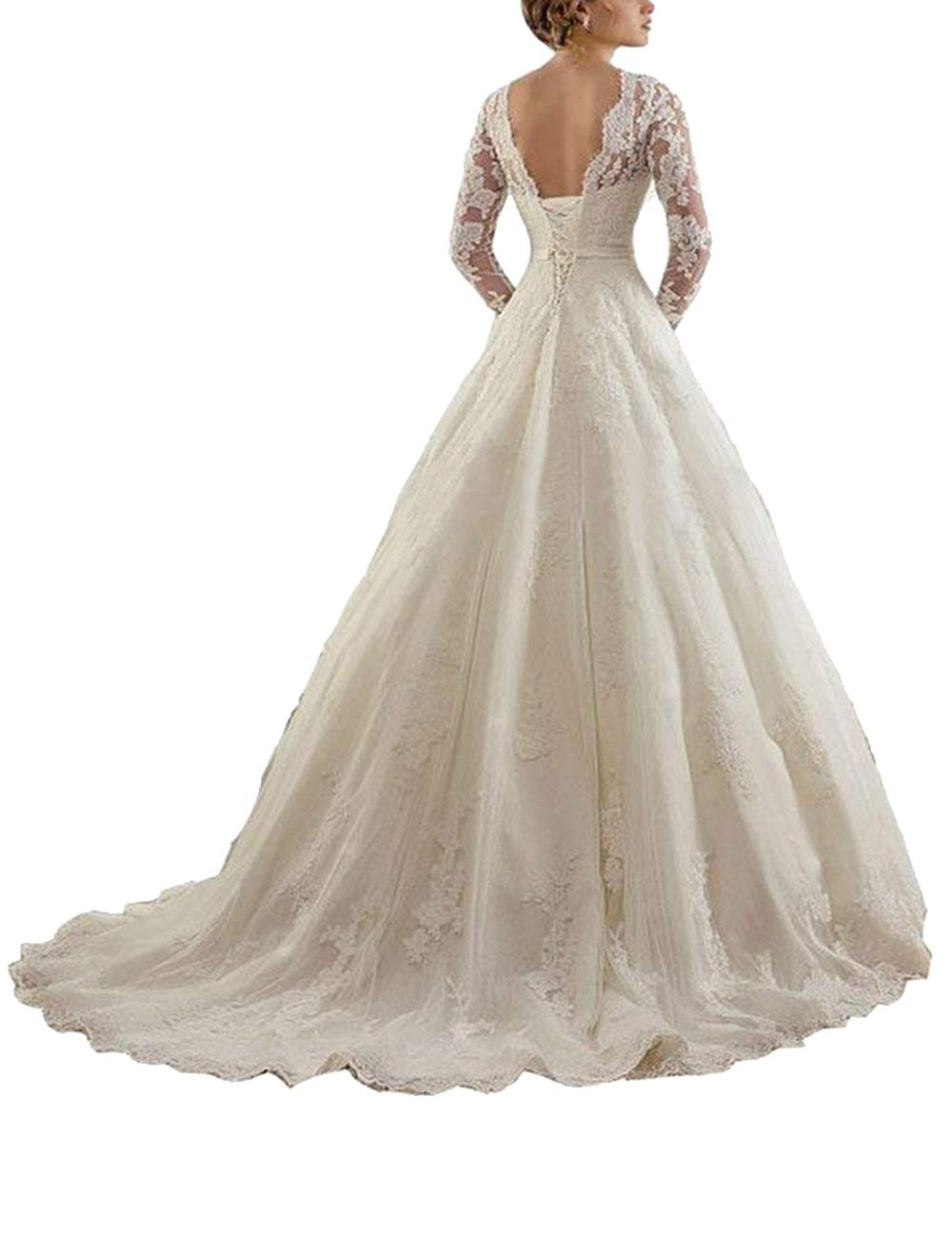 Longue Robe de Mariée a - Ligne Dentelle Fine Robe de Mariée Princesse Robe de Mariée Manches Longues