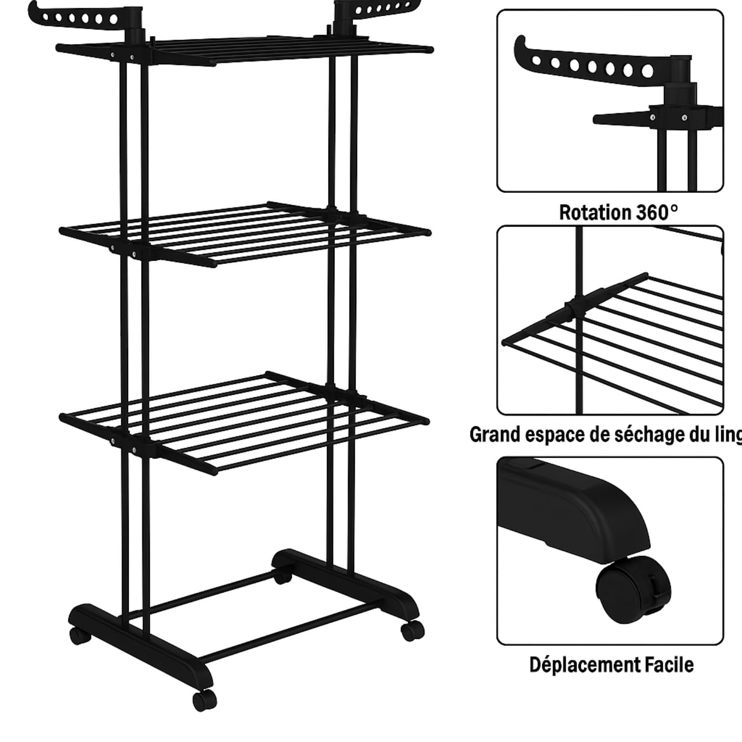 Étendoir à Linge sur Pied, 3 Niveaux, Tancarville, Séchoir, Étendoir à Linge intérieur, Étendoir Pliable, Grande Capacité, Étendoir avec Roues,170x64x126cm (Noir)
