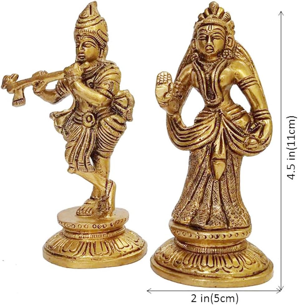 Purpledip Brass Idol Set Radha Krishna: Collectible Statue for Home Temple (12407)