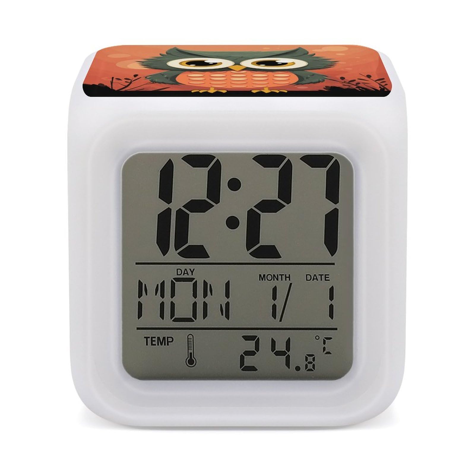 JTREHY 7 Color Changing LED Digital Alarm Clock,Cartoon Owl on Orange Background Printed Wake-up Clock with Temperature Display Home Decoration Alarm Clock for Bedroom Office
