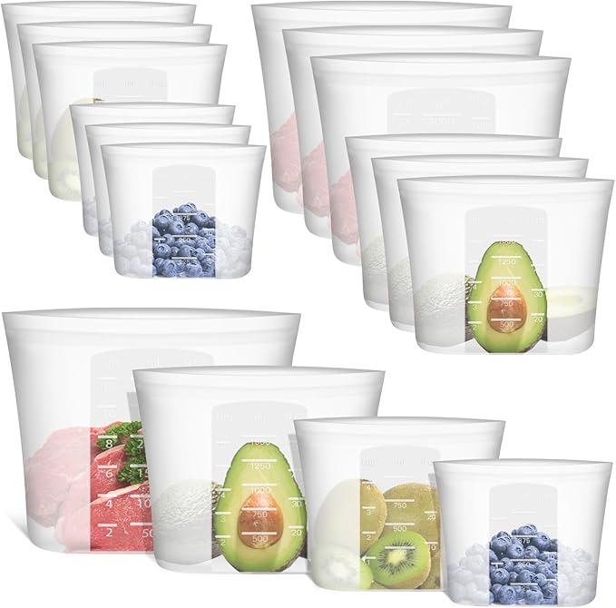 Reusable Storage Bag, 12 Pack 100% Silicone Food Storage Bags Stand Up Zip Lock Bags for Food, Freezer Microwave Oven Dishwasher Safe, 3 Extra Large(0.8 Gallon) 3 Medium 3 Small 3 X-Small, Translucent
