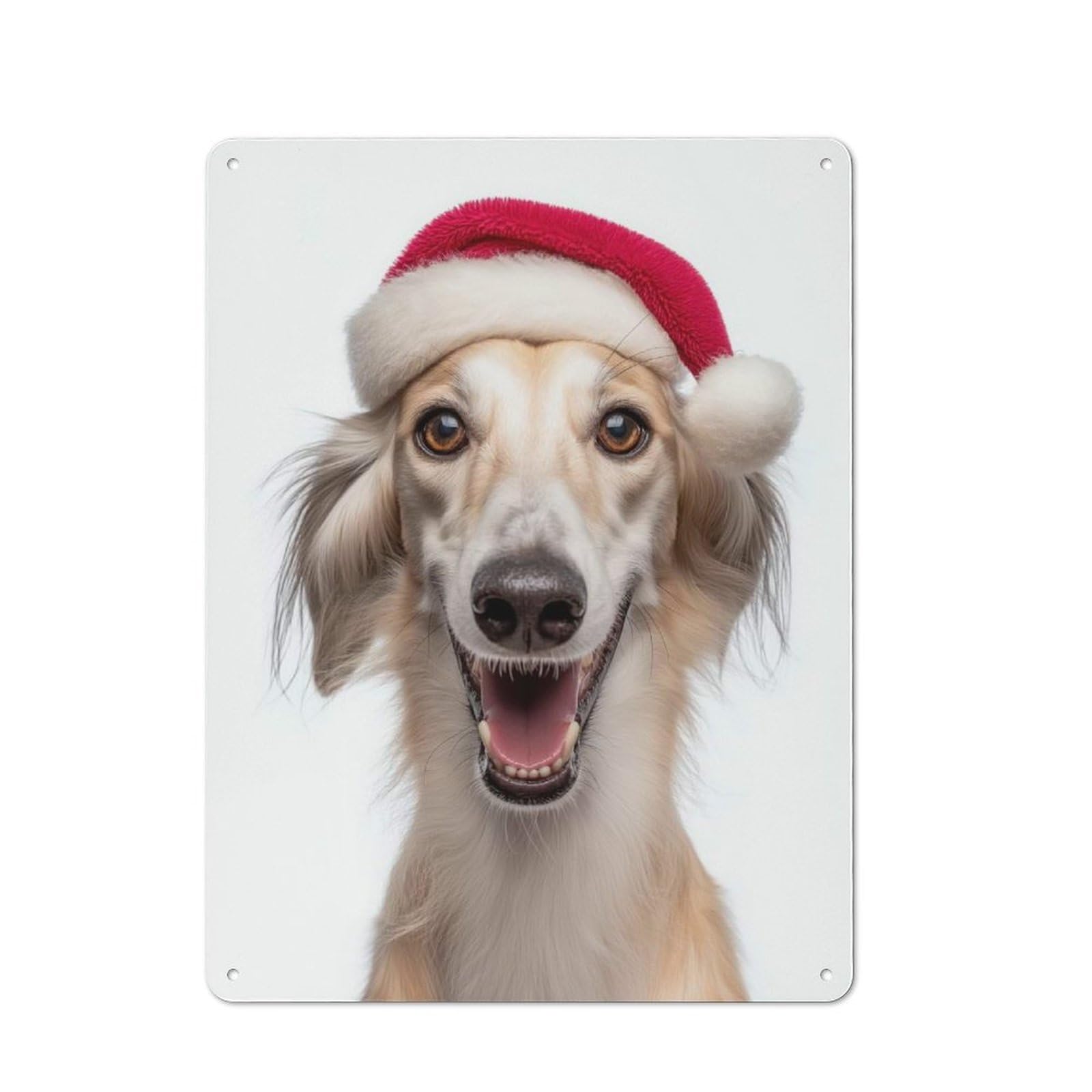 Junmoney Smiling Saluki Dog With Santa Hat For Café Or Restaurant, Vintage Metal Sign 40X30cm, For Vintage Wall Decor Fans, For Cafés, Pubs And Restaurants