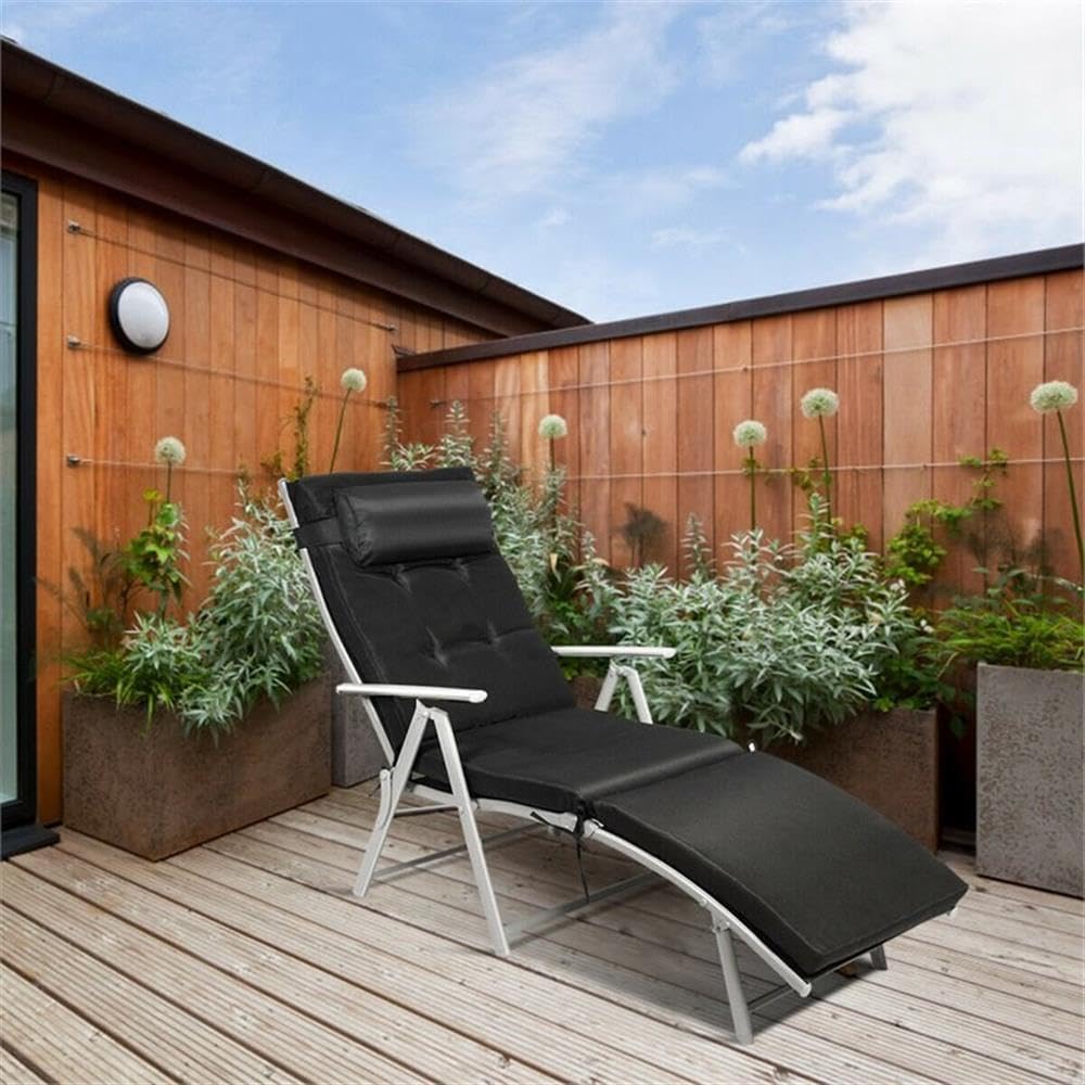 Pemberly Row Outdoor Folding Chaise Lounge Chair Set, Black Finish, Steel Frame, Cushioned Headrest, Adjustable 7-Position Backrest, Weather-Resistant, Lightweight Design, Ideal for Pool, Beach,