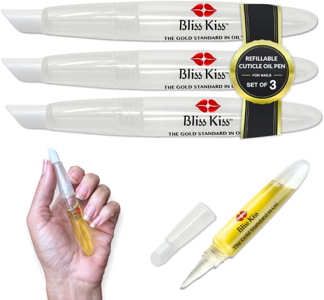 Bliss Kiss Refillable Squeeze Cuticle Oil Pen, Empty 3-Pack, Ideal for Nail Growth Oil and Nail Oil Application