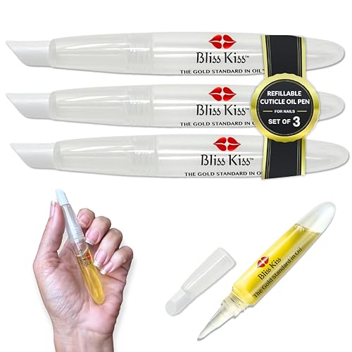 Bliss Kiss Refillable Squeeze Cuticle Oil Pen, Empty 3-Pack, Ideal for Nail Growth Oil and Nail Oil Application - 3 Count (Pack of 1)
