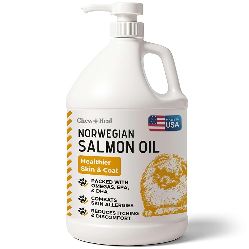 Suplemento de óleo de peixe para cães Chew + Heal Labs – óleo de salmão norueguês líquido com Ômega 3, 1,92 L