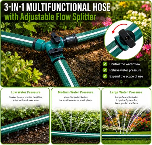 MIXC Reinforced Sprinkler Hose with Holes, 100FT (25FT×4 Pack) No-Kink Heavy Duty Flat Sprinkler Soaker Hose with Stakes & Splitters, Drip Irrigation Garden Hose for Lawn, Yard, Vegetable & Flower Bed — view 4