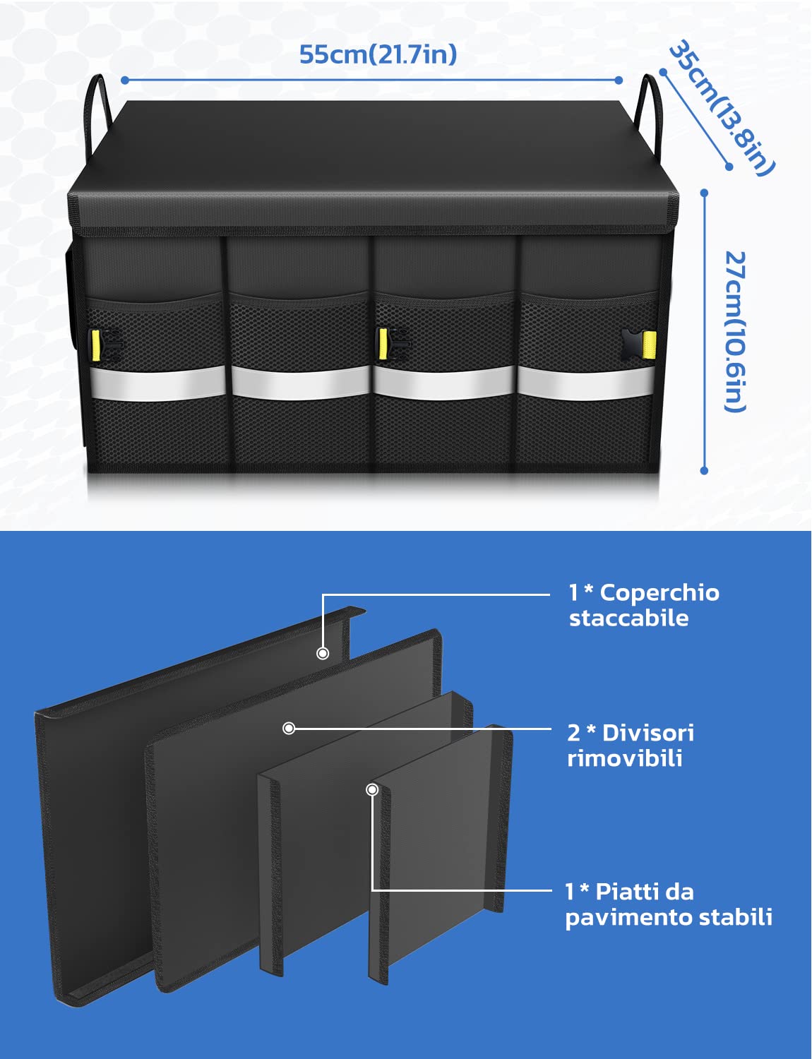 oasser Organizer per Bagagliaio Auto Waterproof 55L 600D Tessuto Oxford Organizer per Bbaule Pieghevole Multiscomparto Antiscivolo con Base Robusta Borsa per Bagagliaio Nero