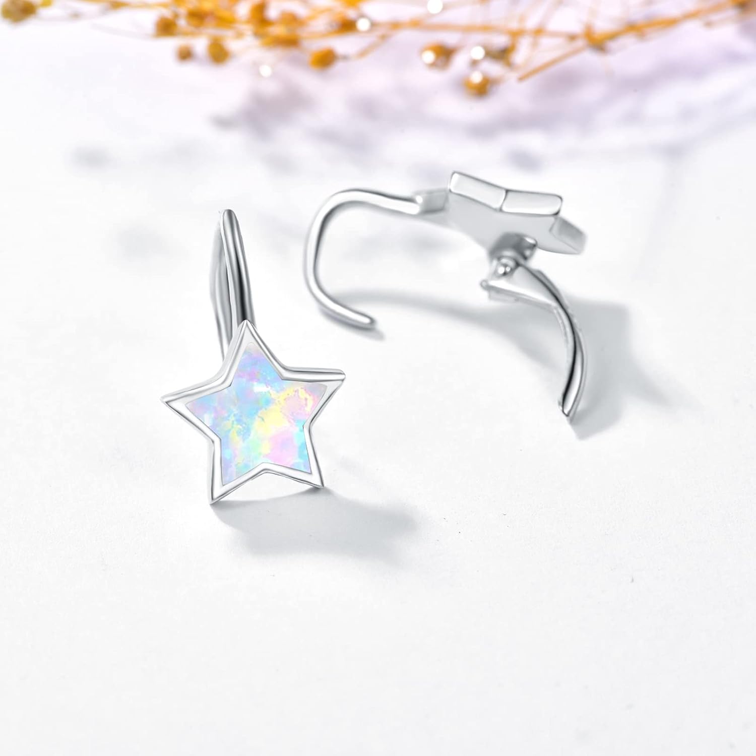 Opal Star Leverback Dangle Earrings 925 Sterling Silver Opal Star Drop Leverback Earrings Lucky Star Earrings Jewelry for Women