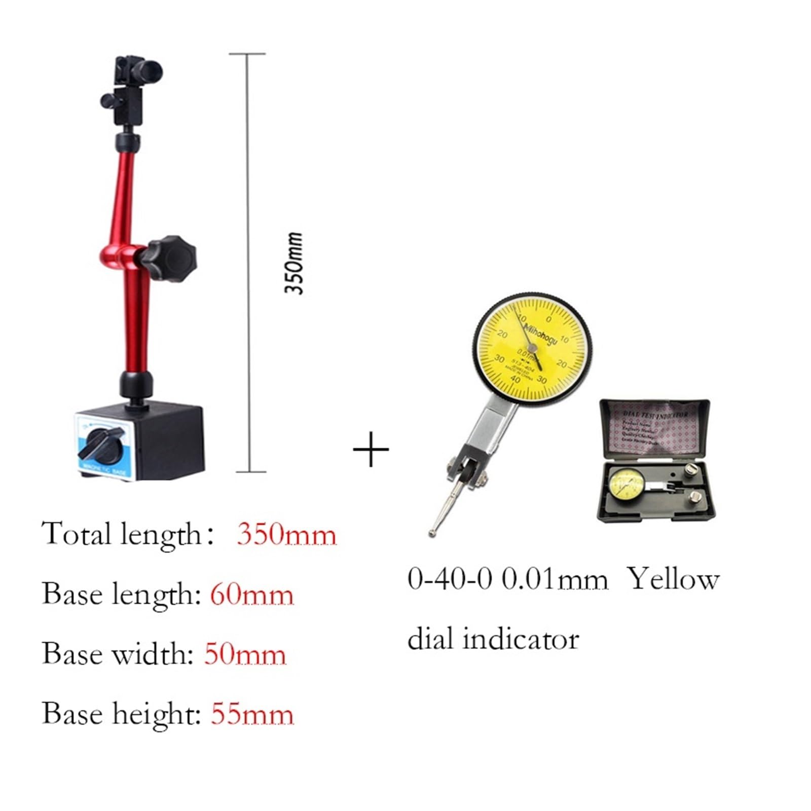 Micrómetro, Indicador de prueba calibre Dial preciso con montaje en rieles cola milano 0-40-0 0,01mm herramientas medición soporte Base magnética Universal(390mm-60-50-55 set)
