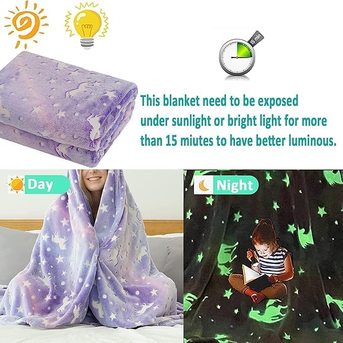 Image of Glow-in-The-Dark Kids Blanket a€ inch Polar Fleece Soft Lightweight Single Bed Blanket with Unicorn Jacquard Print, Multicolor (Unicon Purple)