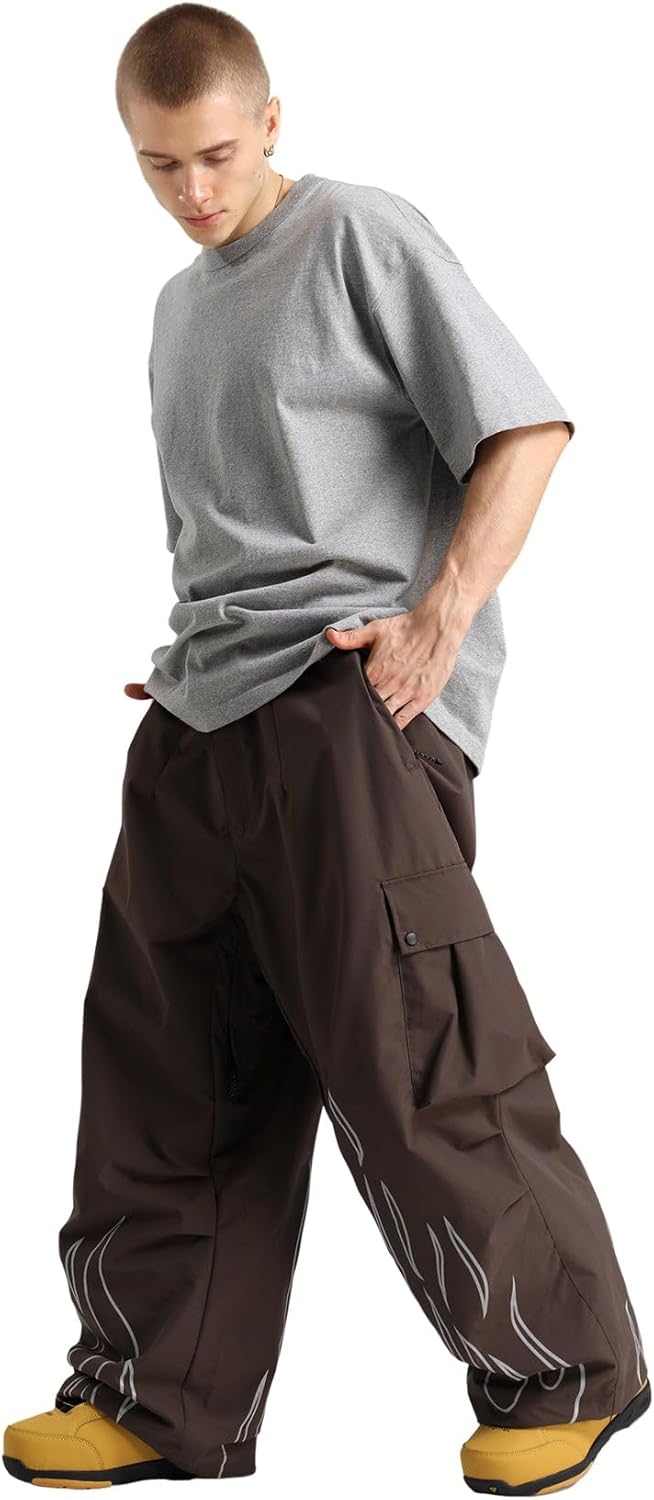 GSOU SNOW Men Baggy Snowboard Pants Women Snow Pants Waterproof Cargo Snowboarding Ski Pants with Reflective Flame Graphic - Image 2