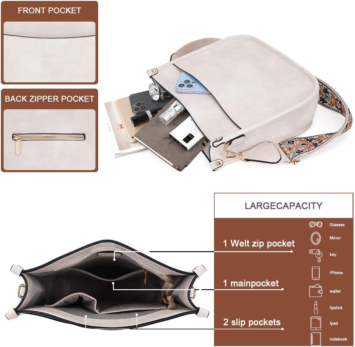 Crossbody Bag Women Vegan Leather Hobo Handbag Trendy Crossbody Shoulder Bag Purses For Women with 2 Adjustable Strap - Image 4