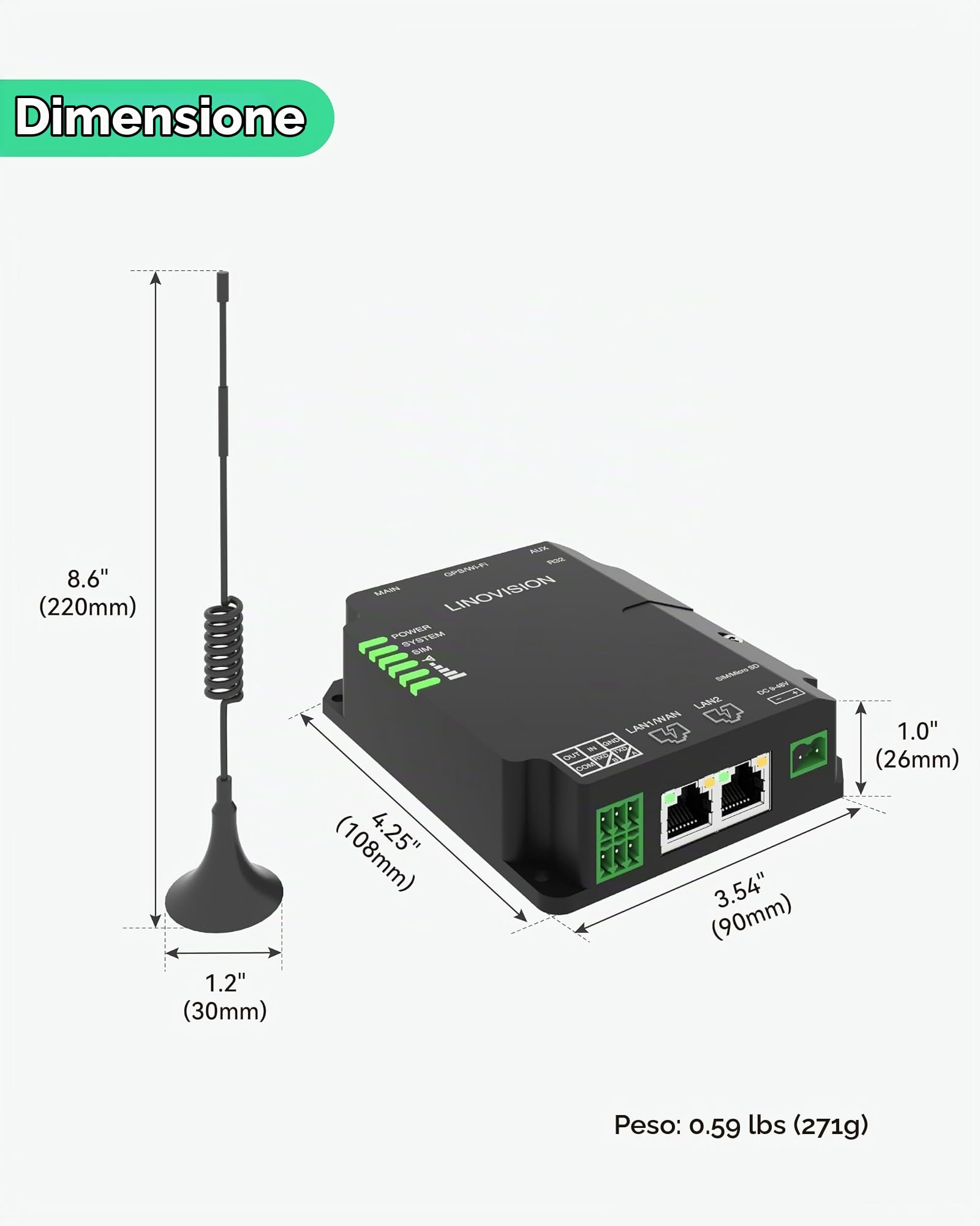 LINOVISION Router Industriale Cellulare 4G LTE Cat4 con Wi-Fi, Segnale Potenziato per Siti Remoti, Slot SIM Doppie, Gateway DTU per Dispositivo RS485, Sensori IoT, Telecamere Solari, M2M, Veicoli