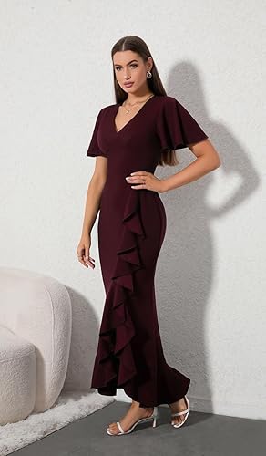 Miniatura 2 de CARROTMOB Vestidos formales para mujer cuello en V volantes cóctel fiesta boda invitada de boda con abertura lateral