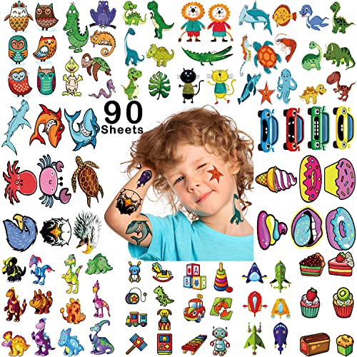 90 Feuilles Tatouage Temporaire Imperméable Pour Enfants Garçons Et Filles, Dinosaure Animal De Mer Véhicule Mignon Faux Tatouages Pour Les Activités De Groupe De Fête D'anniversaire Des Enfants Cover
