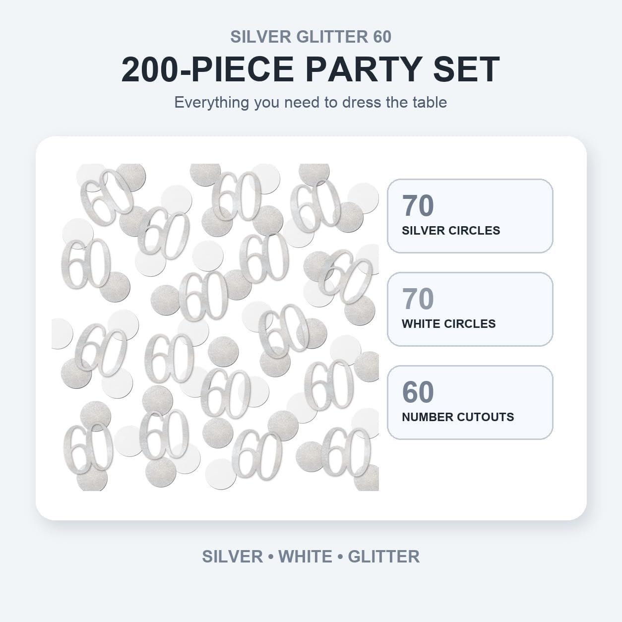 Silver Glitter 60 Confetti, 60th Birthday Number Confetti, 200pcs Anniversary Party Table Decoration Supplies