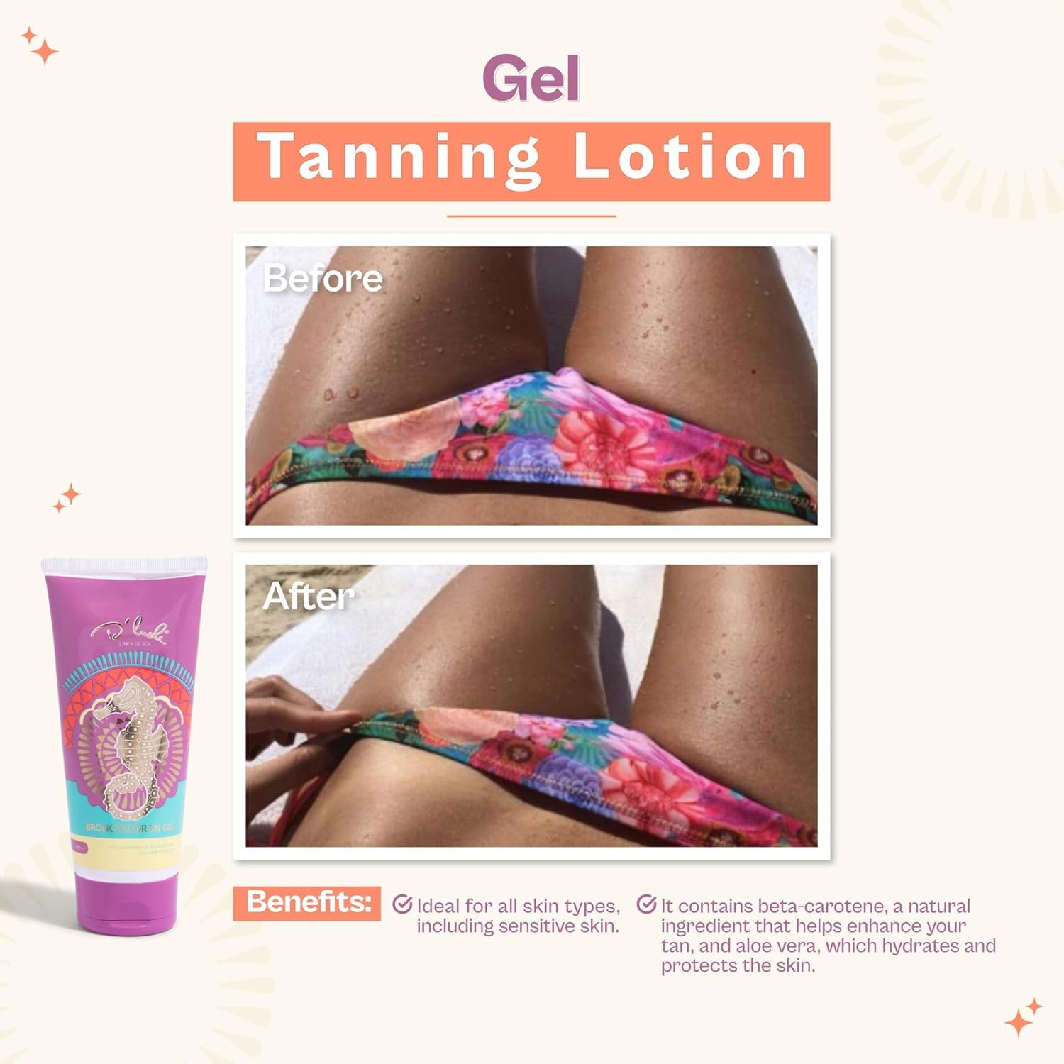 D'luchi Gel Bronzer | Beta-Carotene Concentrate for an Intense Tan! Achieve a deep tan and keep your skin hydrated at all times with our Tanning Gel