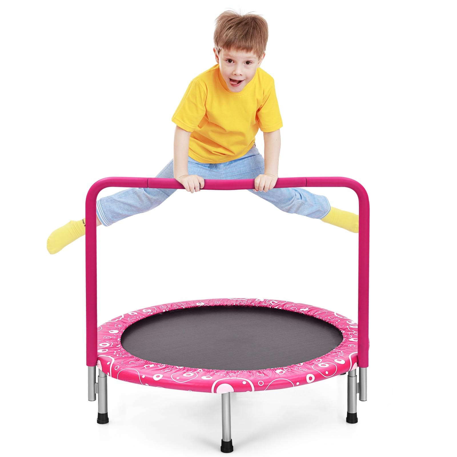 GYMAX Trampolino Pieghevole per Bambini, Trampolino Elastico con Maniglia Staccabile, con Struttura in Ferro, Portata 150 kg, Ideale per Interno ed Esterno, 92x92x80 cm (Rosa)